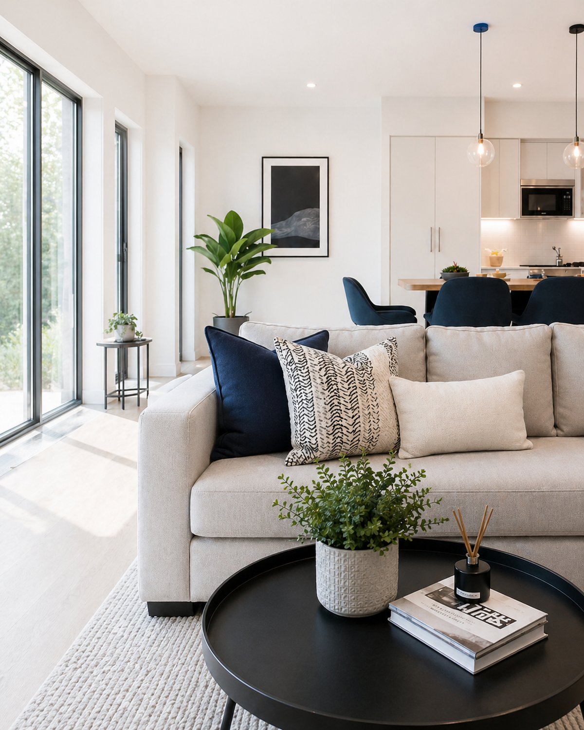 Modern, light-filled living room with cream sofa, navy accent cushions and open-plan kitchen